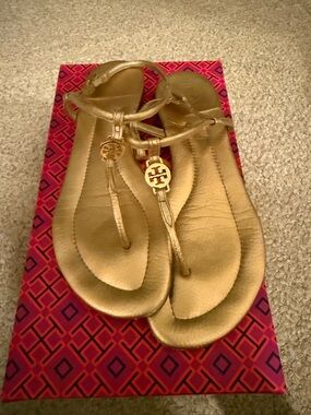 Tory Burch Metallic Gold Leather T-Strap Sandals